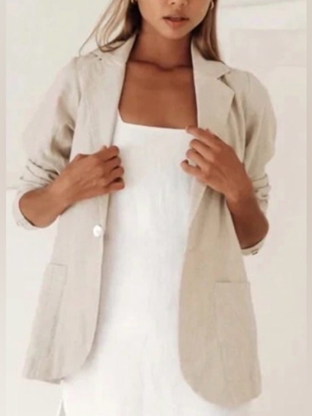 Free The Label 100% Linen Beige Blazer Jacket Women’s S Minimalist Sustainable
